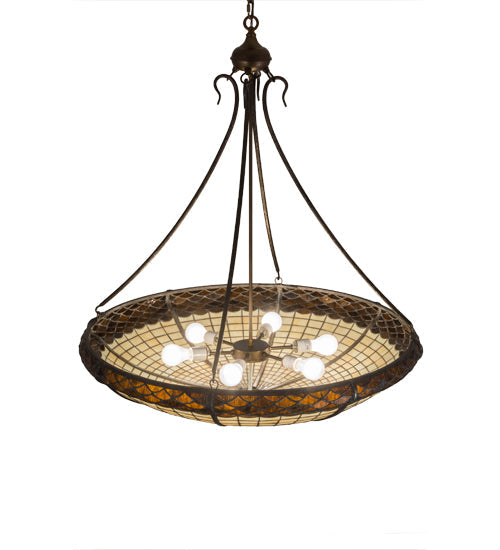 Meyda Lighting Greenbriar Oak 36" 6-Light Antique Copper Inverted Pendant Light With Bark Brown & Beige Shade Glass