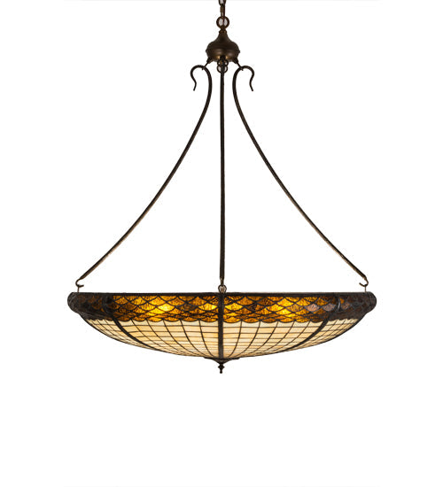 Meyda Lighting Greenbriar Oak 36" 6-Light Antique Copper Inverted Pendant Light With Bark Brown & Beige Shade Glass