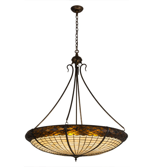 Meyda Lighting Greenbriar Oak 36" 6-Light Antique Copper Inverted Pendant Light With Bark Brown & Beige Shade Glass