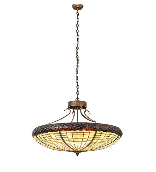 Meyda Lighting Greenbriar Oak 36" 6-Light Antique Copper Inverted Pendant Light With Beige & Brown Shade Glass