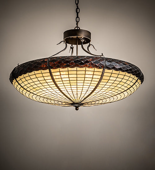 Meyda Lighting Greenbriar Oak 36" 6-Light Antique Copper Inverted Pendant Light With Beige & Brown Shade Glass