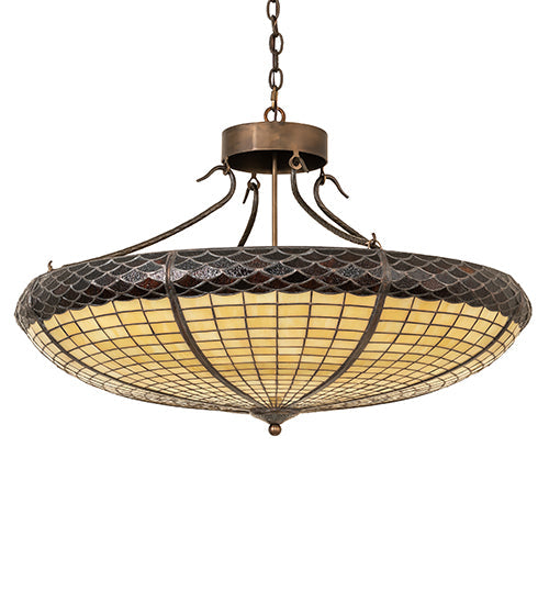 Meyda Lighting Greenbriar Oak 36" 6-Light Antique Copper Inverted Pendant Light With Beige & Brown Shade Glass