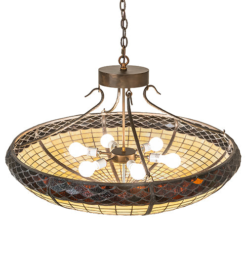 Meyda Lighting Greenbriar Oak 36" 6-Light Antique Copper Inverted Pendant Light With Beige & Brown Shade Glass