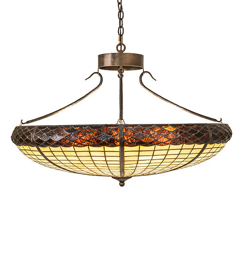 Meyda Lighting Greenbriar Oak 36" 6-Light Antique Copper Inverted Pendant Light With Beige & Brown Shade Glass