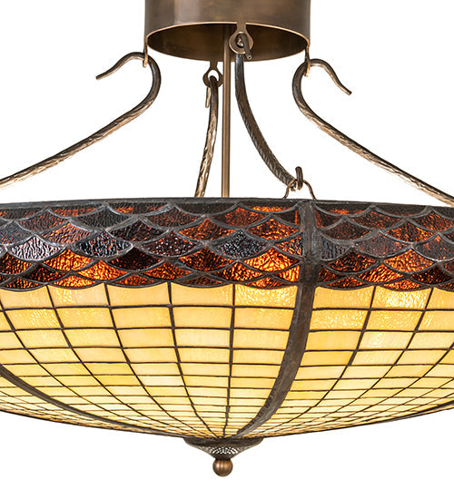 Meyda Lighting Greenbriar Oak 36" 6-Light Antique Copper Inverted Pendant Light With Beige & Brown Shade Glass