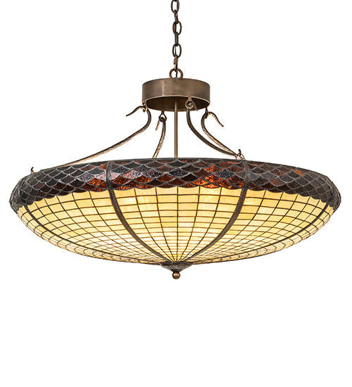 Meyda Lighting Greenbriar Oak 36" 6-Light Antique Copper Inverted Pendant Light With Beige & Brown Shade Glass