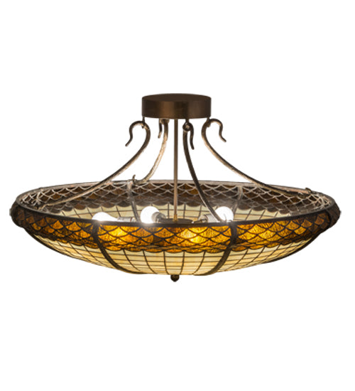 Meyda Lighting Greenbriar Oak 36" 6-Light Antique Copper Semi-flush Mount Light With Brown & Beige Shade Glass