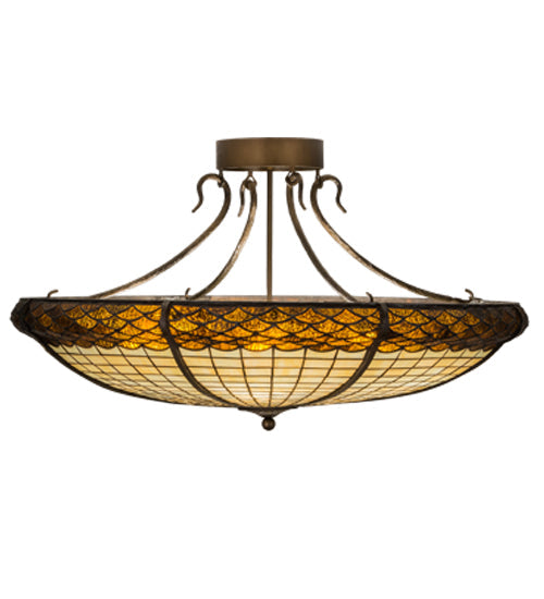 Meyda Lighting Greenbriar Oak 36" 6-Light Antique Copper Semi-flush Mount Light With Brown & Beige Shade Glass