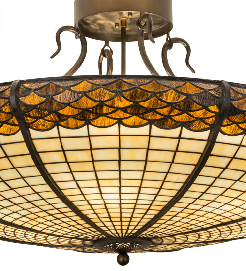 Meyda Lighting Greenbriar Oak 36" 6-Light Antique Copper Semi-flush Mount Light With Brown & Beige Shade Glass