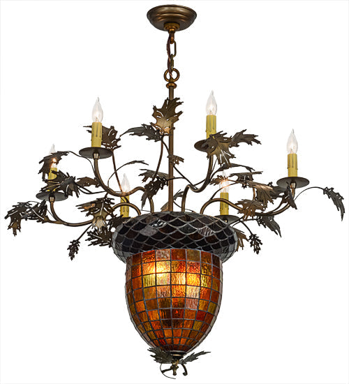 Meyda Lighting Greenbriar Oak 36" 8-Light 6-Arm Antique Copper Chandelier With Green & Brown Shade Glass
