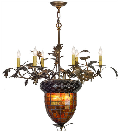 Meyda Lighting Greenbriar Oak 36" 8-Light 6-Arm Antique Copper Chandelier With Green & Brown Shade Glass