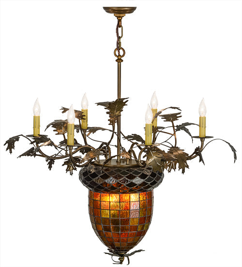 Meyda Lighting Greenbriar Oak 36" 8-Light 6-Arm Antique Copper Chandelier With Green & Brown Shade Glass