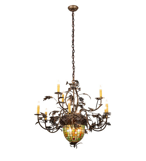 Meyda Lighting Greenbriar Oak 39" 11-Light 9-Arm Dark Burnished Antique Copper Chandelier With Multi-Colored Shade Glass