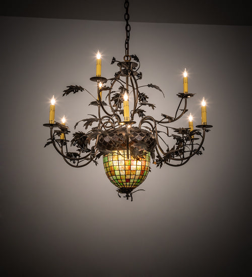 Meyda Lighting Greenbriar Oak 39" 11-Light 9-Arm Dark Burnished Antique Copper Chandelier With Multi-Colored Shade Glass