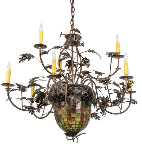 Meyda Lighting Greenbriar Oak 39" 11-Light 9-Arm Dark Burnished Antique Copper Chandelier With Multi-Colored Shade Glass