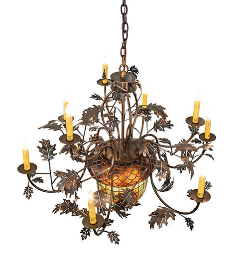Meyda Lighting Greenbriar Oak 39" 11-Light 9-Arm Dark Burnished Antique Copper Chandelier With Multi-Colored Shade Glass