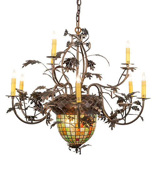 Meyda Lighting Greenbriar Oak 39" 11-Light 9-Arm Dark Burnished Antique Copper Chandelier With Multi-Colored Shade Glass
