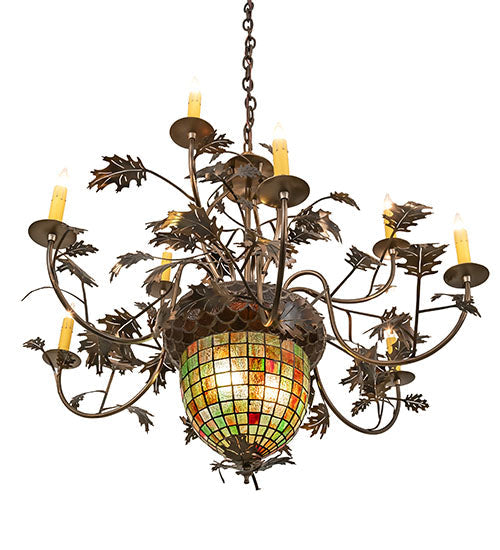 Meyda Lighting Greenbriar Oak 39" 11-Light 9-Arm Dark Burnished Antique Copper Chandelier With Multi-Colored Shade Glass