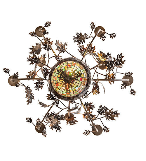 Meyda Lighting Greenbriar Oak 39" 11-Light 9-Arm Dark Burnished Antique Copper Chandelier With Multi-Colored Shade Glass