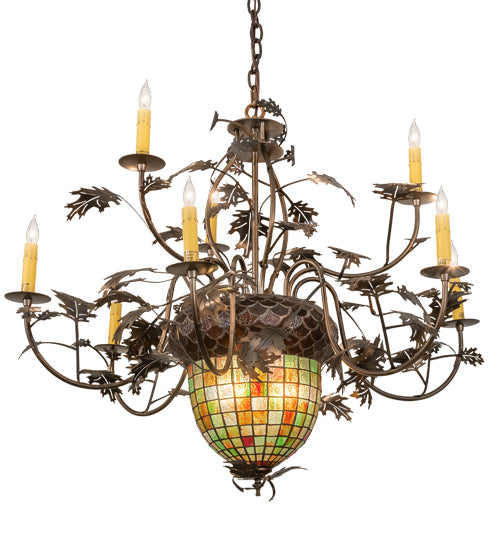 Meyda Lighting Greenbriar Oak 39" 11-Light 9-Arm Dark Burnished Antique Copper Chandelier With Multi-Colored Shade Glass