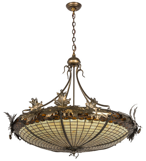 Meyda Lighting Greenbriar Oak 40" 6-Light Antique Copper Inverted Pendant Light With Brown & Beige Shade Glass