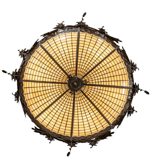 Meyda Lighting Greenbriar Oak 40" 6-Light Inverted Pendant Light With Bark Brown & Beige Stained Shade Glass