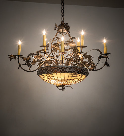 Meyda Lighting Greenbriar Oak 42" 11-Light 8-Arm Antique Copper Chandelier With Beige & Brown Stained Shade Glass