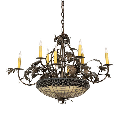 Meyda Lighting Greenbriar Oak 42" 11-Light 8-Arm Antique Copper Chandelier With Beige & Brown Stained Shade Glass