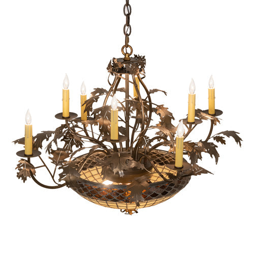 Meyda Lighting Greenbriar Oak 42" 11-Light 8-Arm Antique Copper Chandelier With Beige & Brown Stained Shade Glass