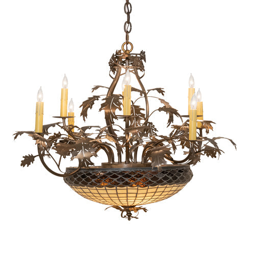 Meyda Lighting Greenbriar Oak 42" 11-Light 8-Arm Antique Copper Chandelier With Beige & Brown Stained Shade Glass