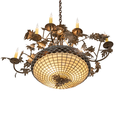 Meyda Lighting Greenbriar Oak 42" 11-Light 8-Arm Antique Copper Chandelier With Beige & Brown Stained Shade Glass