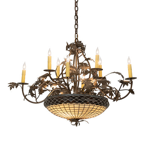 Meyda Lighting Greenbriar Oak 42" 11-Light 8-Arm Antique Copper Chandelier With Beige & Brown Stained Shade Glass