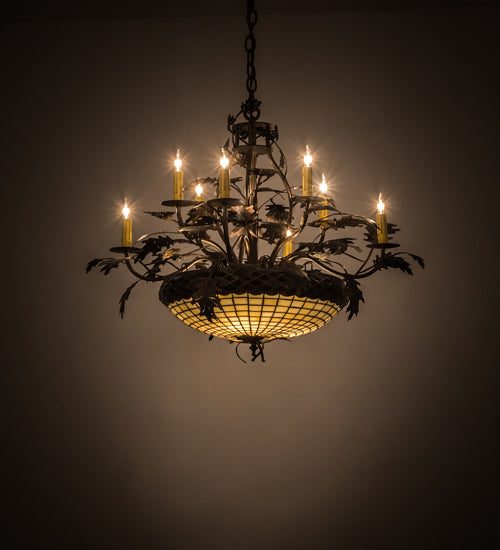 Meyda Lighting Greenbriar Oak 42" 11-Light 8-Arm Dark Burnished Antique Copper Chandelier With Beige & Brown Shade Glass