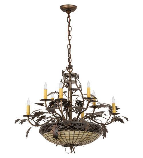 Meyda Lighting Greenbriar Oak 42" 11-Light 8-Arm Dark Burnished Antique Copper Chandelier With Beige & Brown Shade Glass