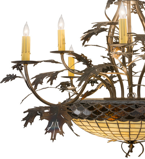 Meyda Lighting Greenbriar Oak 42" 11-Light 8-Arm Dark Burnished Antique Copper Chandelier With Beige & Brown Shade Glass