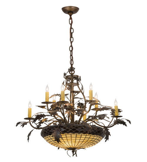 Meyda Lighting Greenbriar Oak 42" 11-Light 8-Arm Dark Burnished Antique Copper Chandelier With Beige & Brown Shade Glass