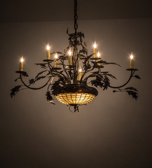 Meyda Lighting Greenbriar Oak 42" 11-Light 8-Arm Dark Burnished Antique Copper Chandelier With Multi-Colored Shade Glass