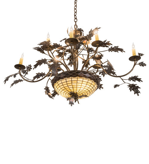 Meyda Lighting Greenbriar Oak 42" 11-Light 8-Arm Dark Burnished Antique Copper Chandelier With Multi-Colored Shade Glass
