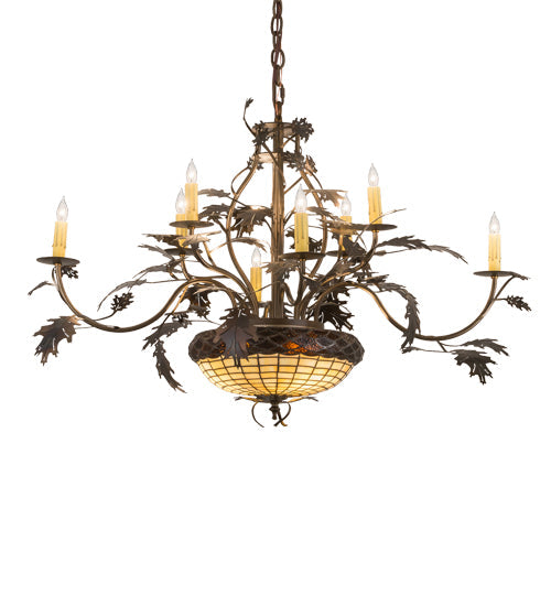 Meyda Lighting Greenbriar Oak 42" 11-Light 8-Arm Dark Burnished Antique Copper Chandelier With Multi-Colored Shade Glass