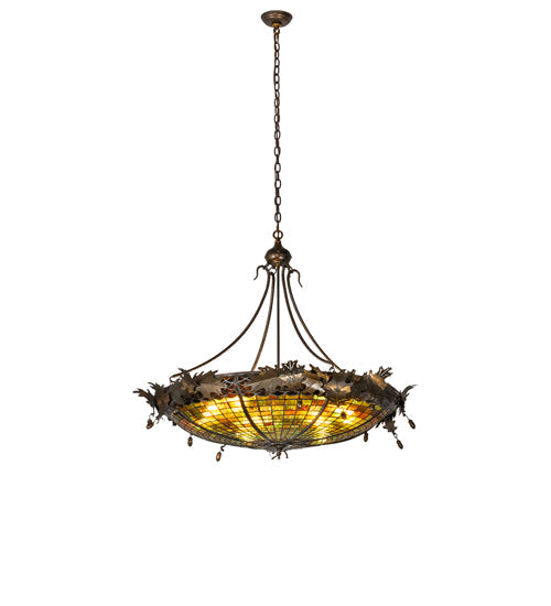 Meyda Lighting Greenbriar Oak 42" 6-Light Antique Copper Inverted Pendant Light With Multi-Colored Shade Glass