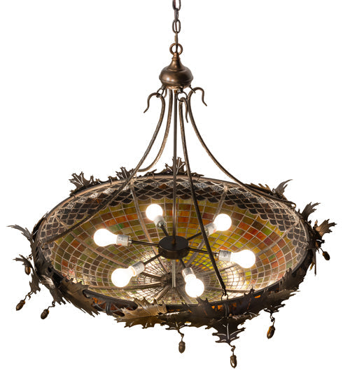 Meyda Lighting Greenbriar Oak 42" 6-Light Antique Copper Inverted Pendant Light With Multi-Colored Shade Glass