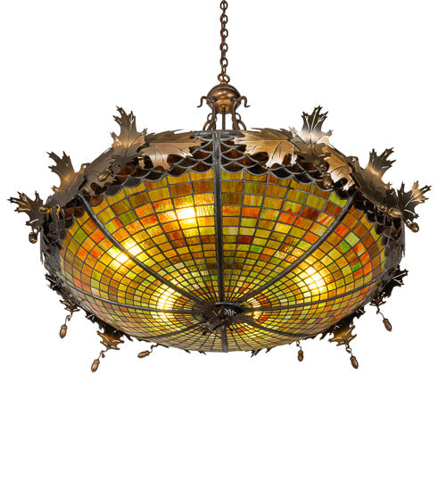 Meyda Lighting Greenbriar Oak 42" 6-Light Antique Copper Inverted Pendant Light With Multi-Colored Shade Glass