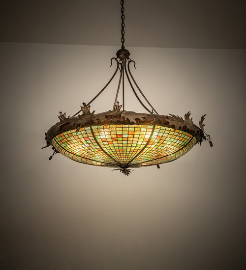 Meyda Lighting Greenbriar Oak 46" 6-Light Antique Copper Inverted Pendant Light With Multi-Colored Shade Glass