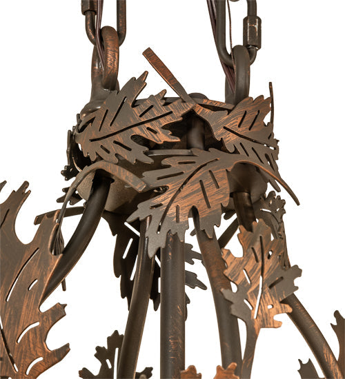 Meyda Lighting Greenbriar Oak 48" 11-Light Old Copper Pot Chandelier With Beige & Brown Stained Shade Glass