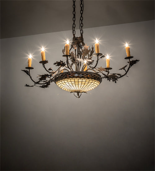 Meyda Lighting Greenbriar Oak 48" 11-Light Old Copper Pot Chandelier With Beige & Brown Stained Shade Glass