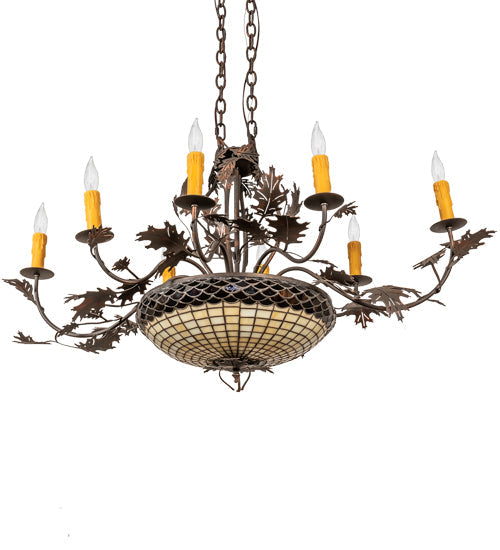 Meyda Lighting Greenbriar Oak 48" 11-Light Old Copper Pot Chandelier With Beige & Brown Stained Shade Glass