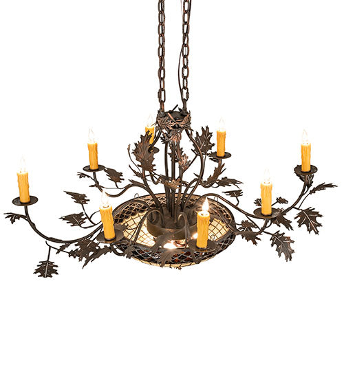 Meyda Lighting Greenbriar Oak 48" 11-Light Old Copper Pot Chandelier With Beige & Brown Stained Shade Glass