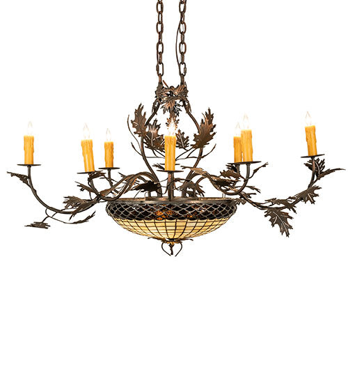 Meyda Lighting Greenbriar Oak 48" 11-Light Old Copper Pot Chandelier With Beige & Brown Stained Shade Glass