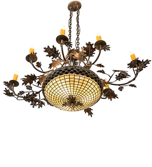 Meyda Lighting Greenbriar Oak 48" 11-Light Old Copper Pot Chandelier With Beige & Brown Stained Shade Glass