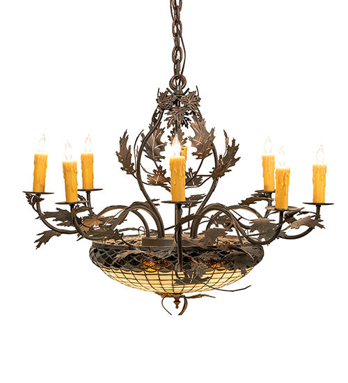Meyda Lighting Greenbriar Oak 48" 11-Light Old Copper Pot Chandelier With Beige & Brown Stained Shade Glass